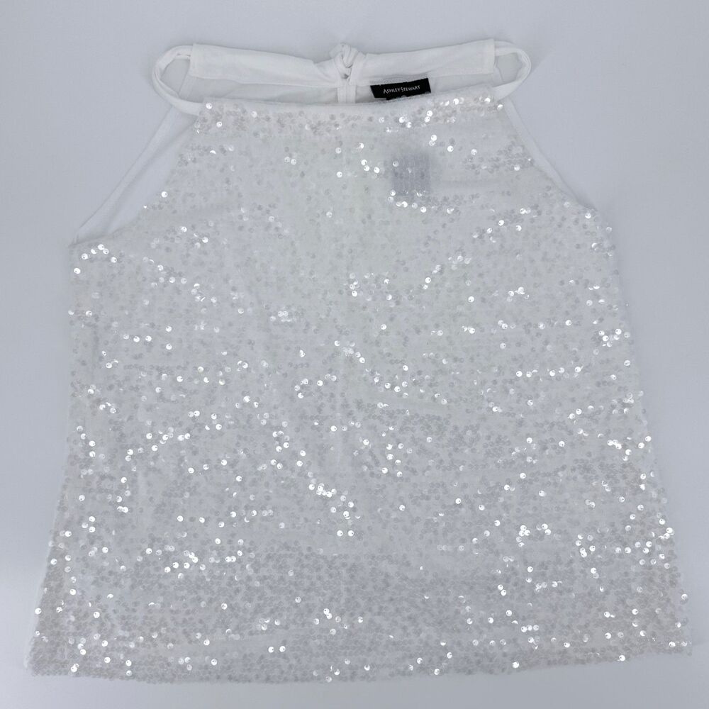 Ashley Stewart Tank Top Sz 14 White Knit Shimmering Sequins Sleeveless Tie Back